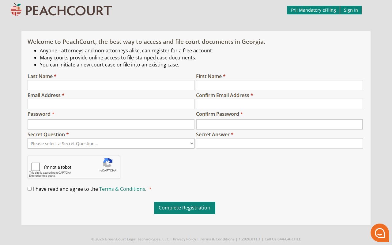 Clinch County case search PeachCourt registration fields