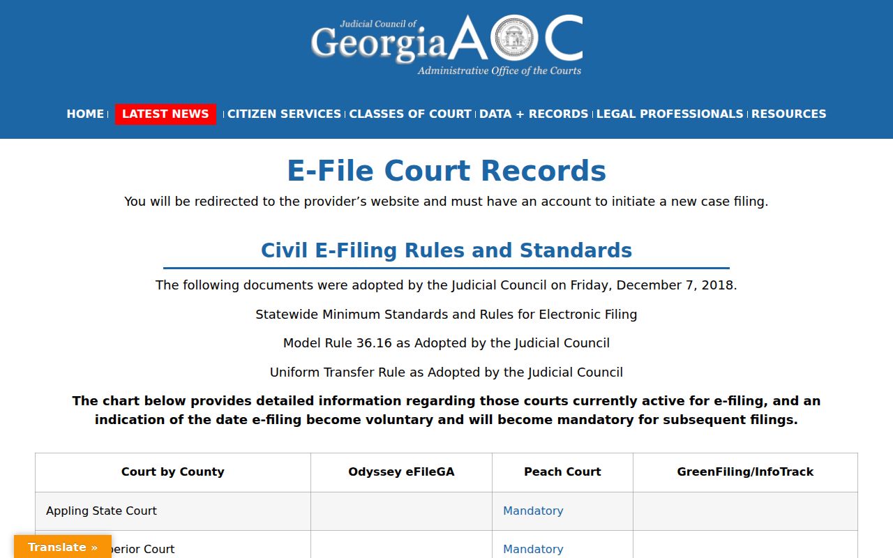 Clinch County civil docket Georgia Courts PeachCourt e-filing directory